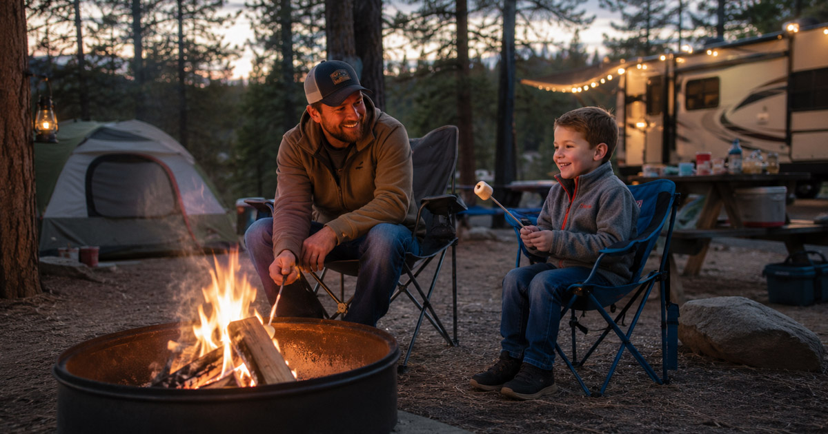 family practicing campfire safety while camping