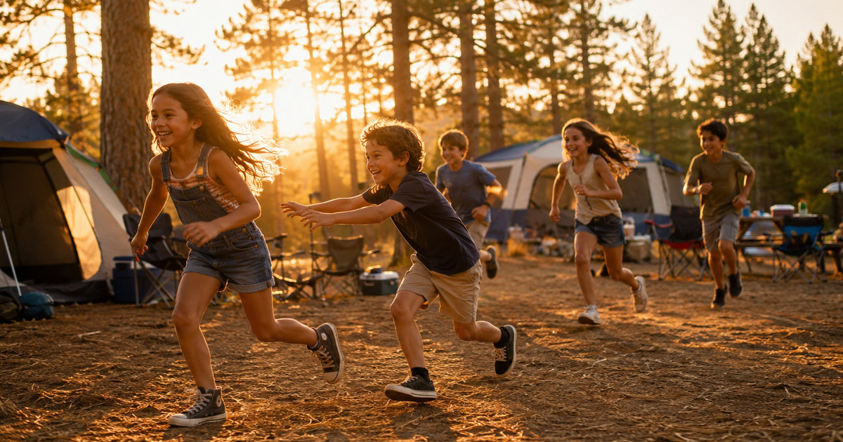 kids playing tag at family campsite during summer