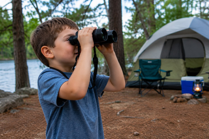 kid using binoculars for wildlife watching while camping