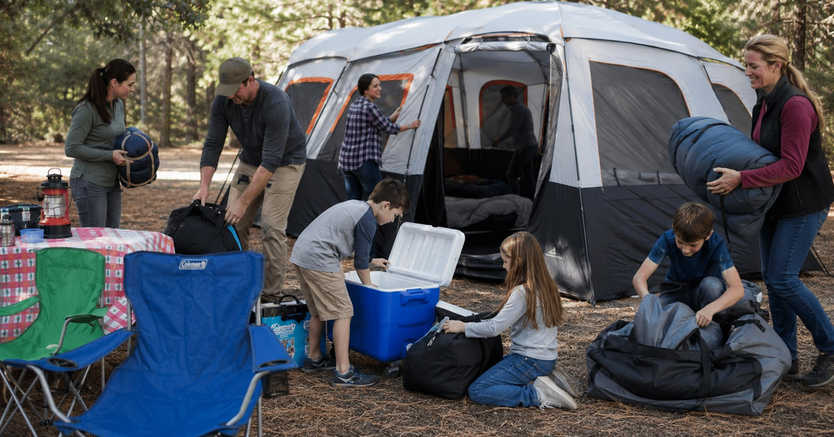 family and friends camping with 10-person tent