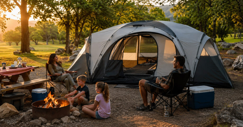 best 6 person tent pitched at family campsite