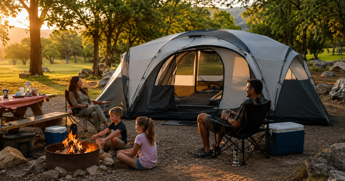 best 6 person tent pitched at family campsite