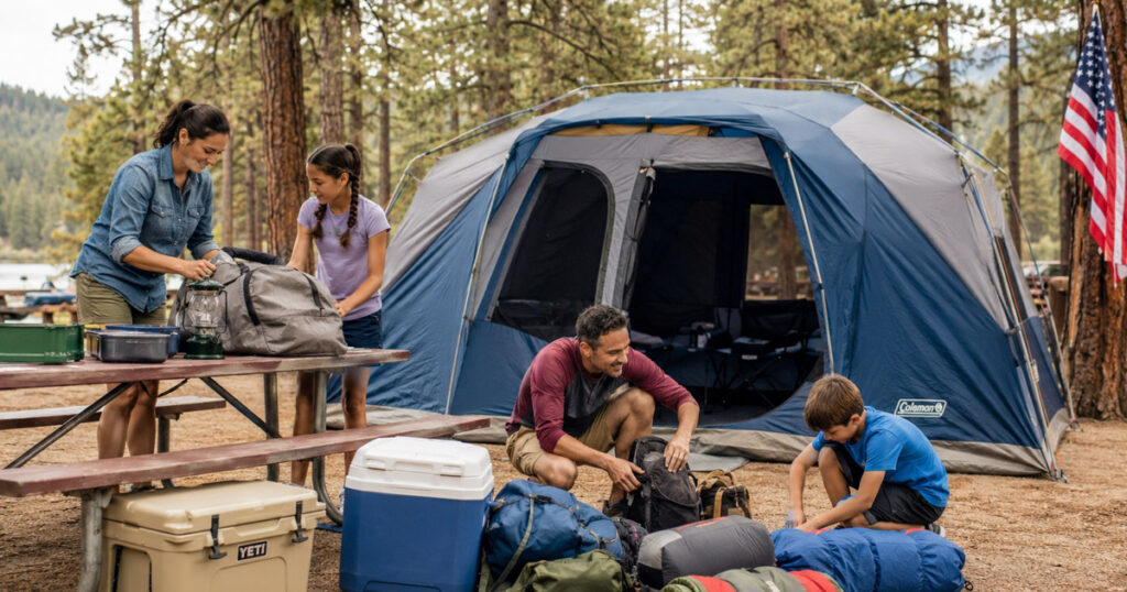 family camping with 8-person tent at campsite