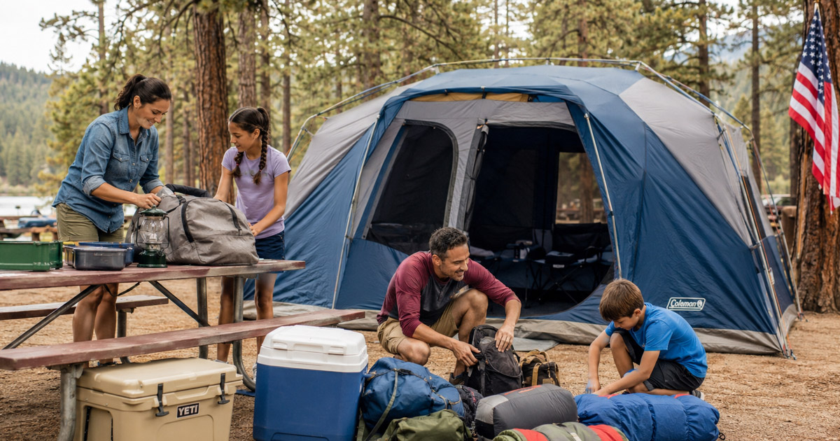 family camping with 8-person tent at campsite