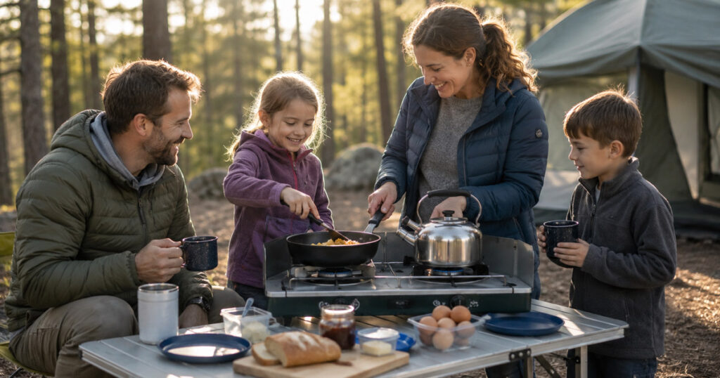 family cooking breakfast on camping stove at campsite