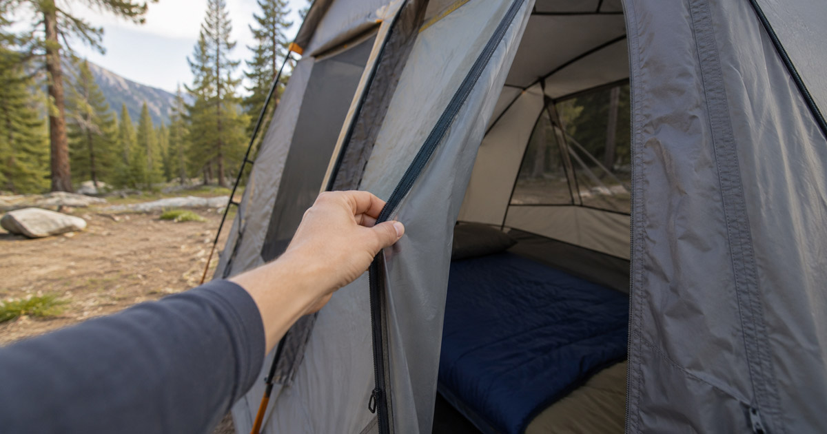 camping tent with hinged door swinging open