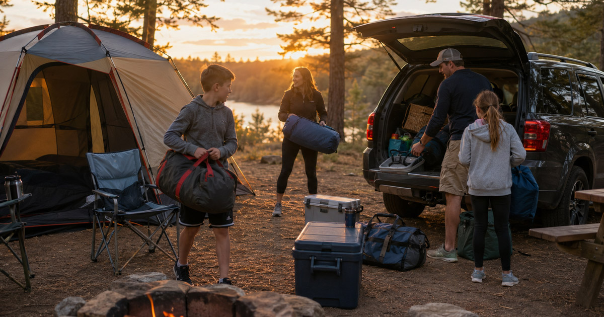 family setting up large camping tent at campsite