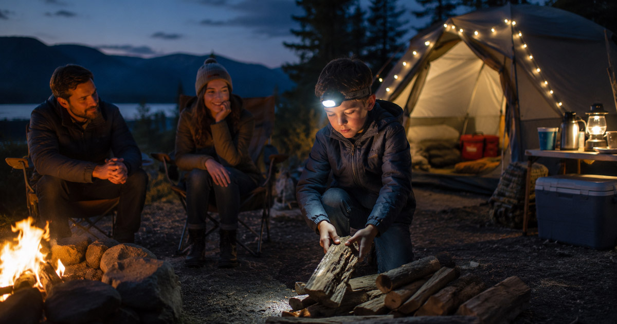 kid wearing headlamp at family campsite