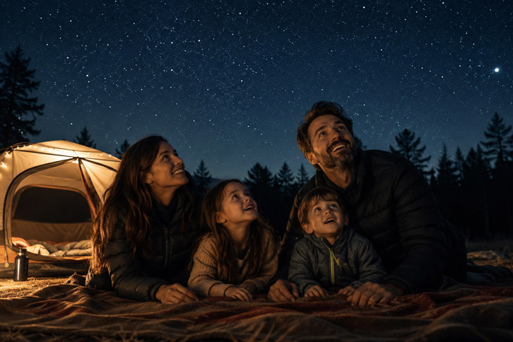 family stargazing outside tent at campsite - 25 Fun Summer Camping Activities for Kids and Families
