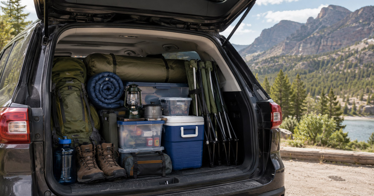 family camping checklist gear packed in car trunk