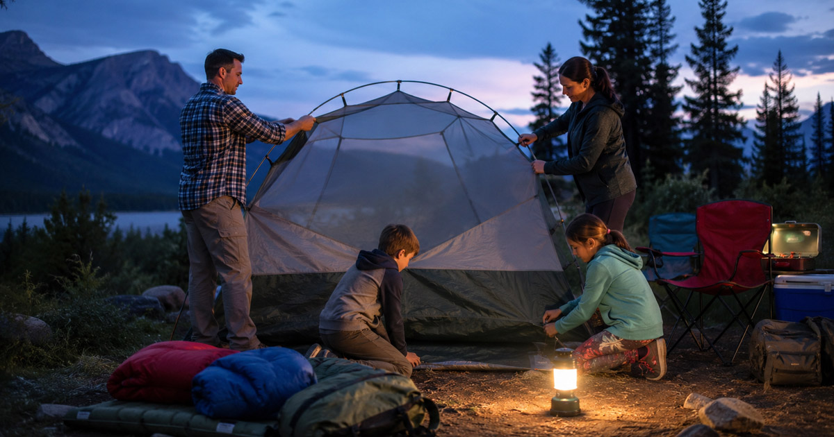 family setting up tent for first camping trip