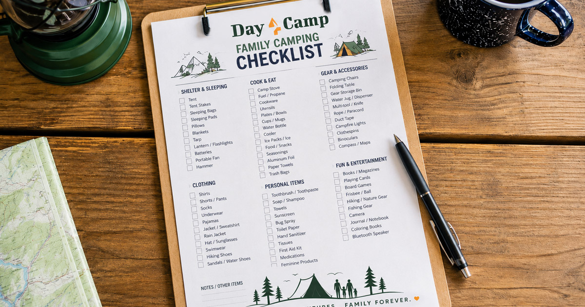 Free printable family camping checklist organized by category. Check it off, print it, or save it to your phone before your next trip.