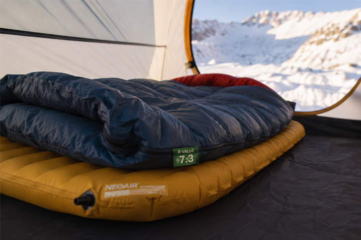 Insulated sleeping pad and cold weather sleeping bag for winter camping