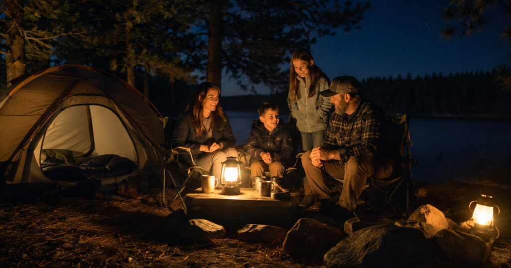 Family campsite lit up by a lantern at night