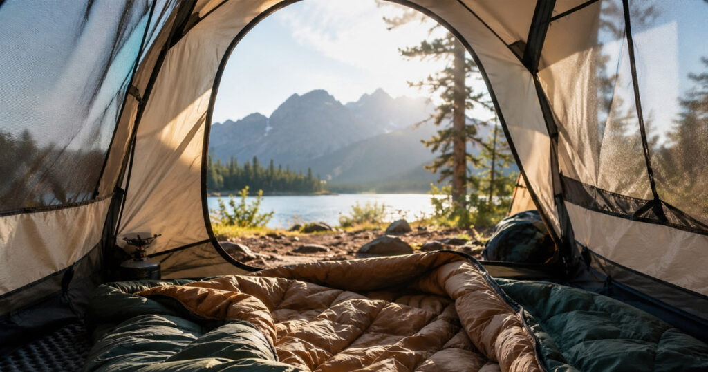 family sleeping bags laid out inside camping tent