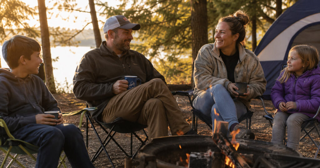 Family sitting in camping chairs around a campfire at golden hour