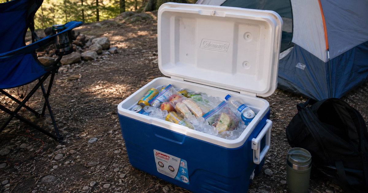 open camping cooler packed with ice and food at campsite