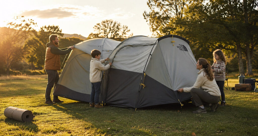 family setting up large camping tent at golden hour