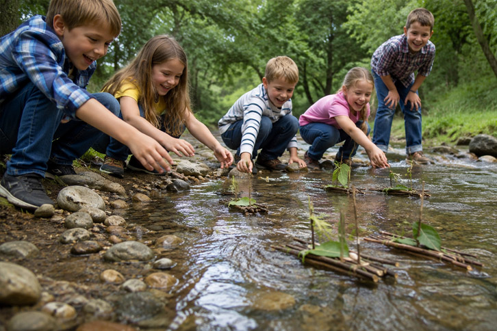 kids racing stick boats in creek while camping