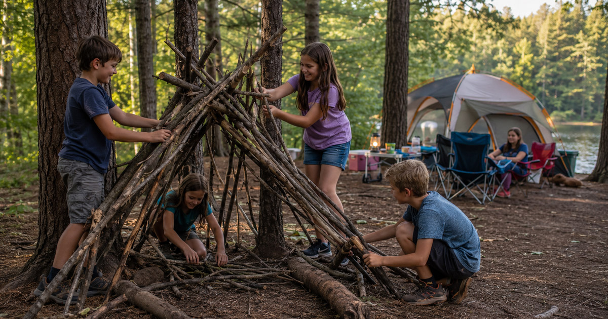 kids building outdoor fort while camping
