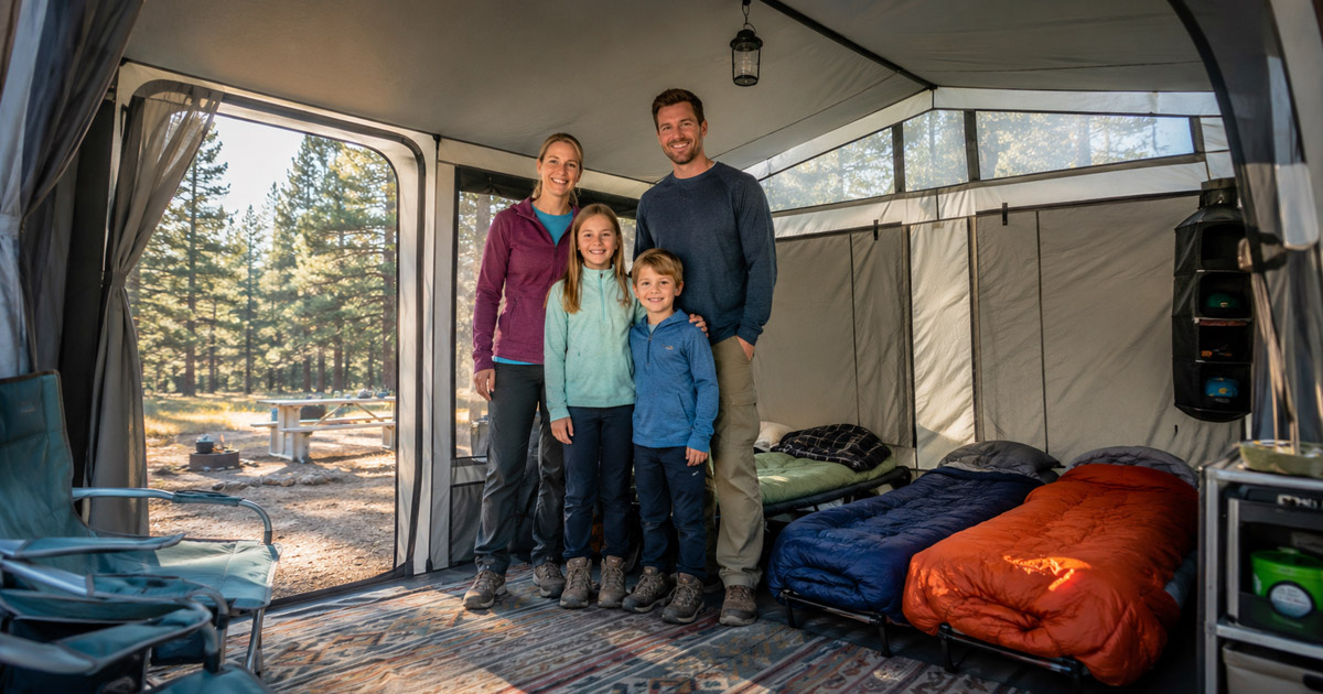 family standing up inside cabin tent with vertical walls