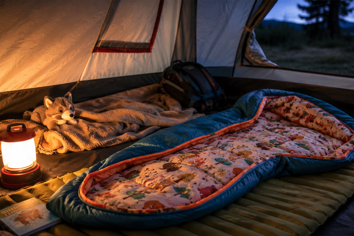 REI Kindercone 25 kids sleeping bag in tent