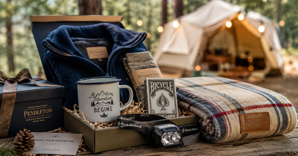 camping gifts for families laid out at a campsite