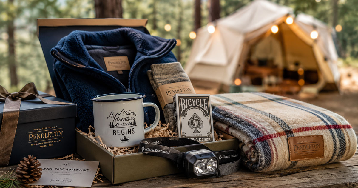 camping gifts for families laid out at a campsite