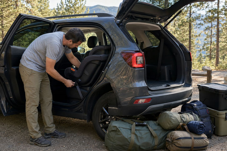 duffel bags packed around bins in car camping trunk setup
