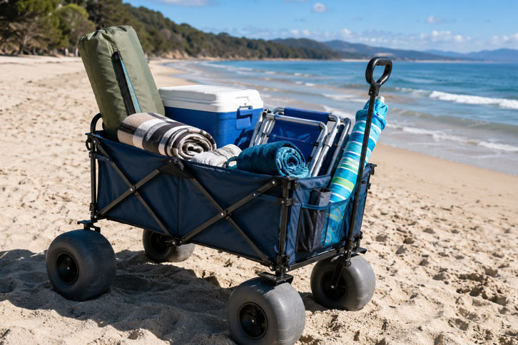 beach cart hauling camping gear across sand