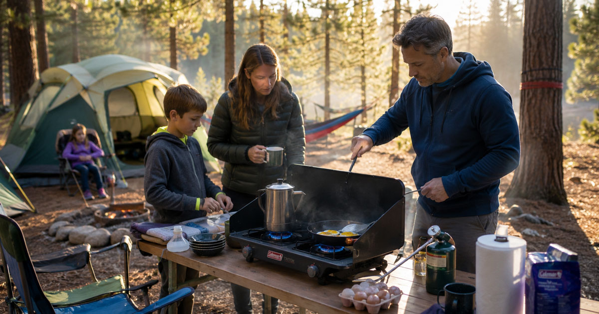 family cooking breakfast on a 2-burner camping stove at a campsite