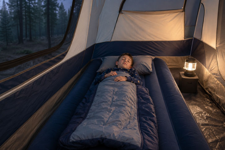 toddler sleeping on an air mattress pushed against a tent wall for safety