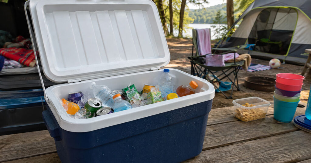 budget camping cooler packed with ice for family trip