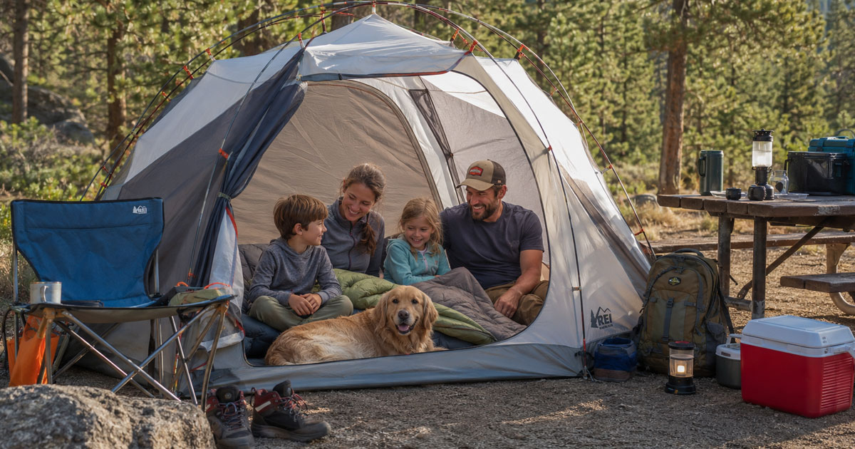 family camping tent with dog in vestibule