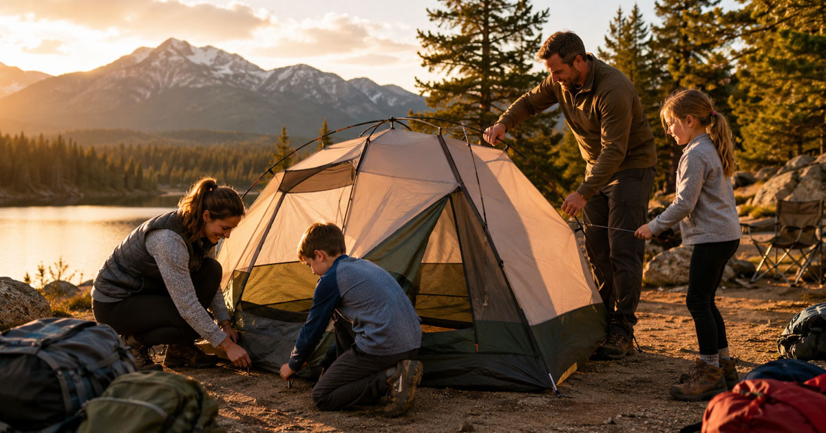 family setting up budget camping tent at campsite