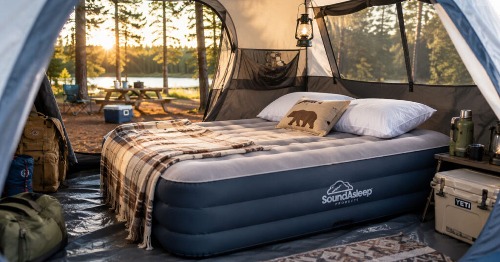 inflatable camping air mattress inside family tent