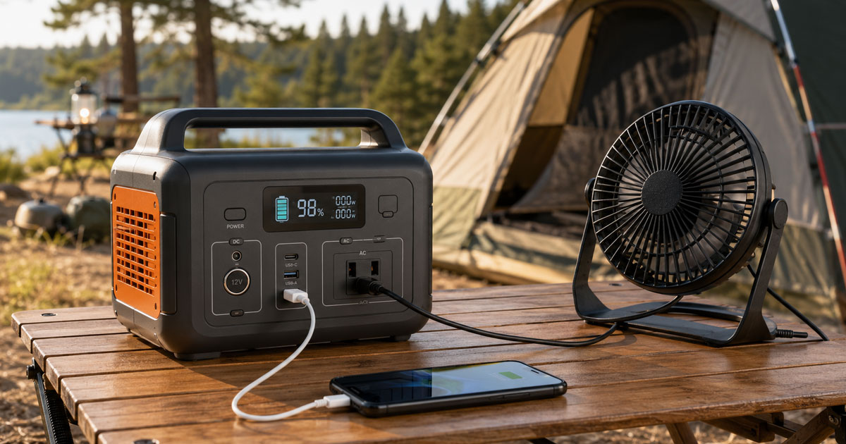 portable power station charging devices at a family campsite