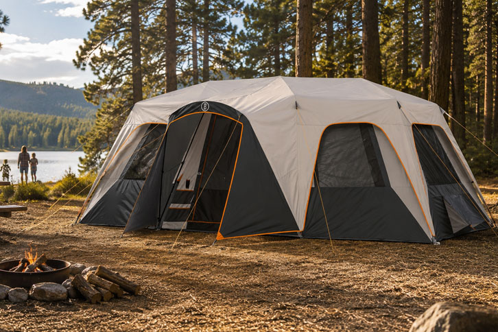 Close-up of a ground-level AC port on a family camping tent