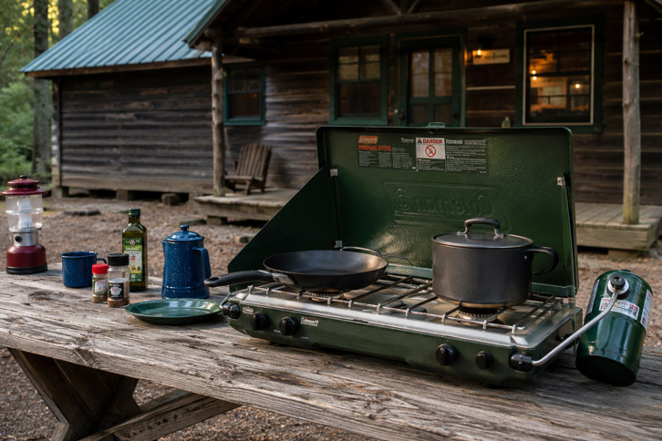 Camp stove and cooking gear for cabin camping