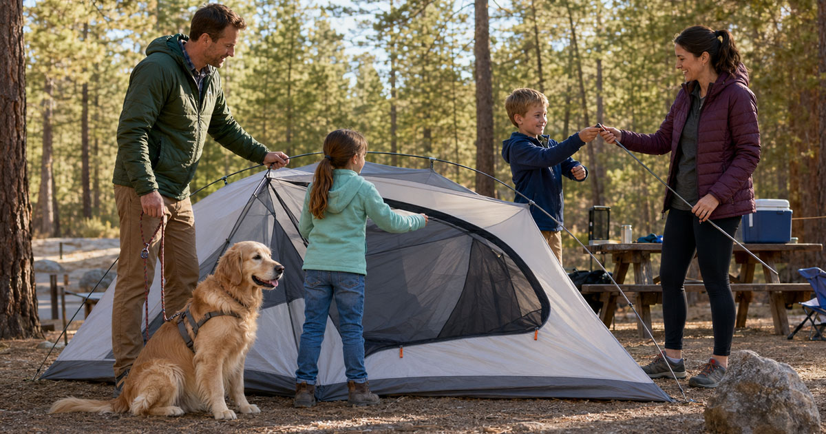family camping with a dog at a campsite