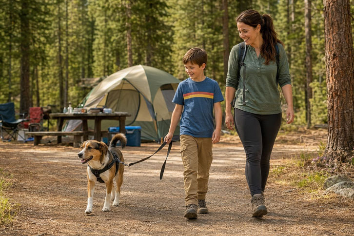 kid walking family dog on leash while camping