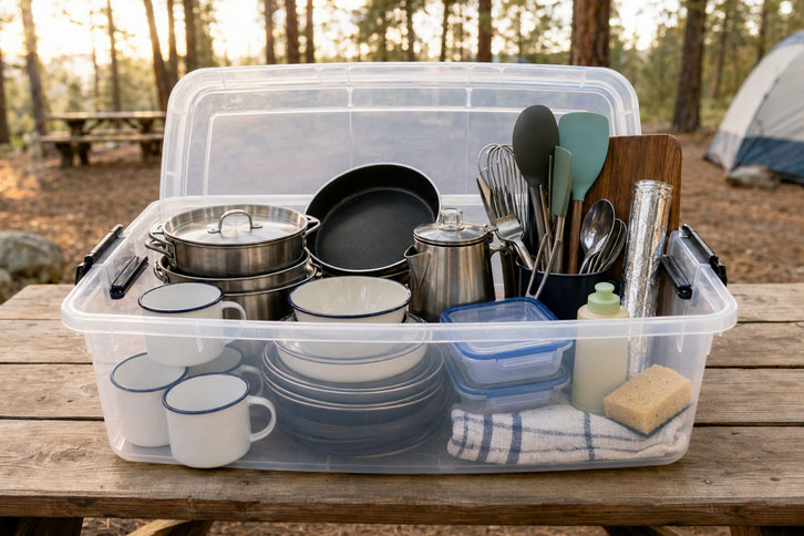 camp kitchen bin packed for car camping