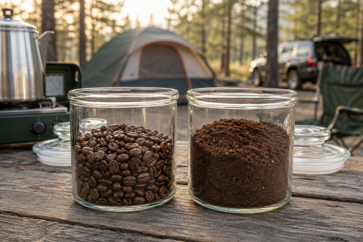 coarse coffee grounds in a camping percolator basket compared to fine drip grind