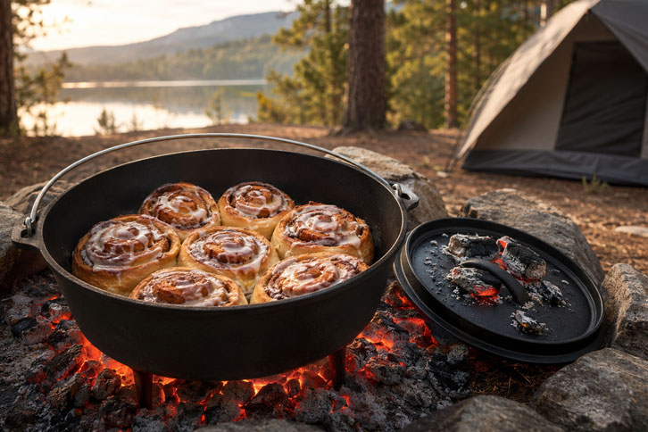 Dutch oven cinnamon rolls camping breakfast - 12 Easy Camping Breakfasts Your Family Will Wake Up For