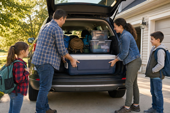 family loading cooler into car for camping trip