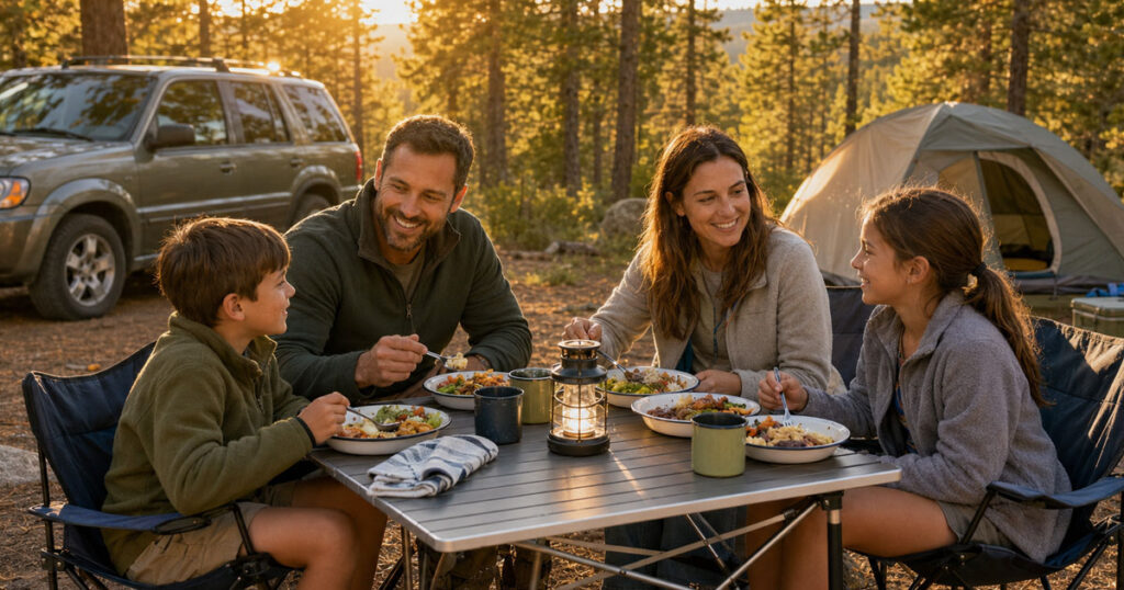 family eating dinner at a folding camping table at a campsite during golden hour