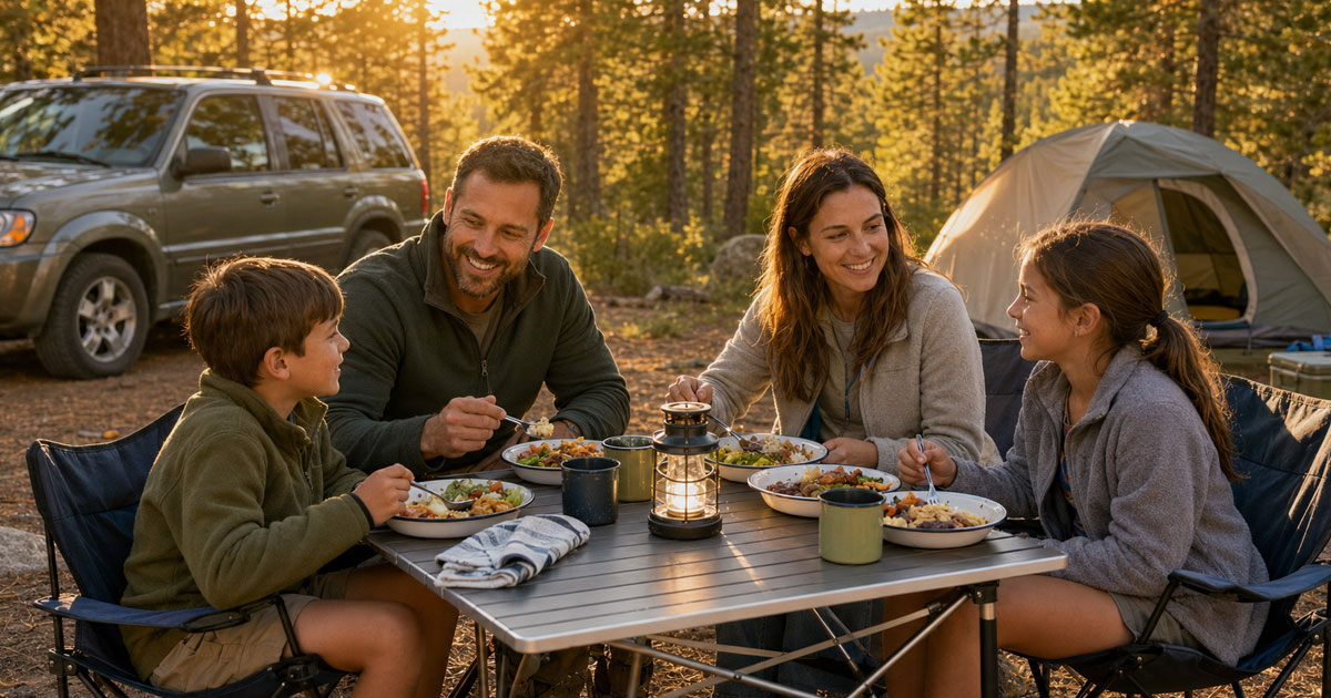family eating dinner at a folding camping table at a campsite during golden hour