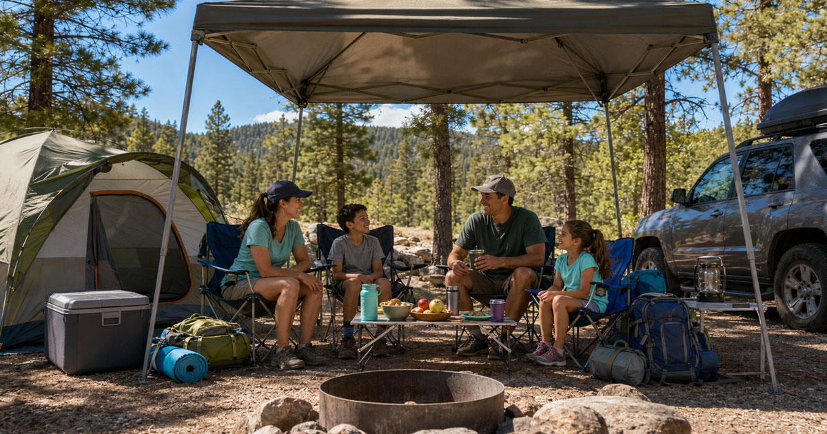 family relaxing under a shade canopy at a summer campsite