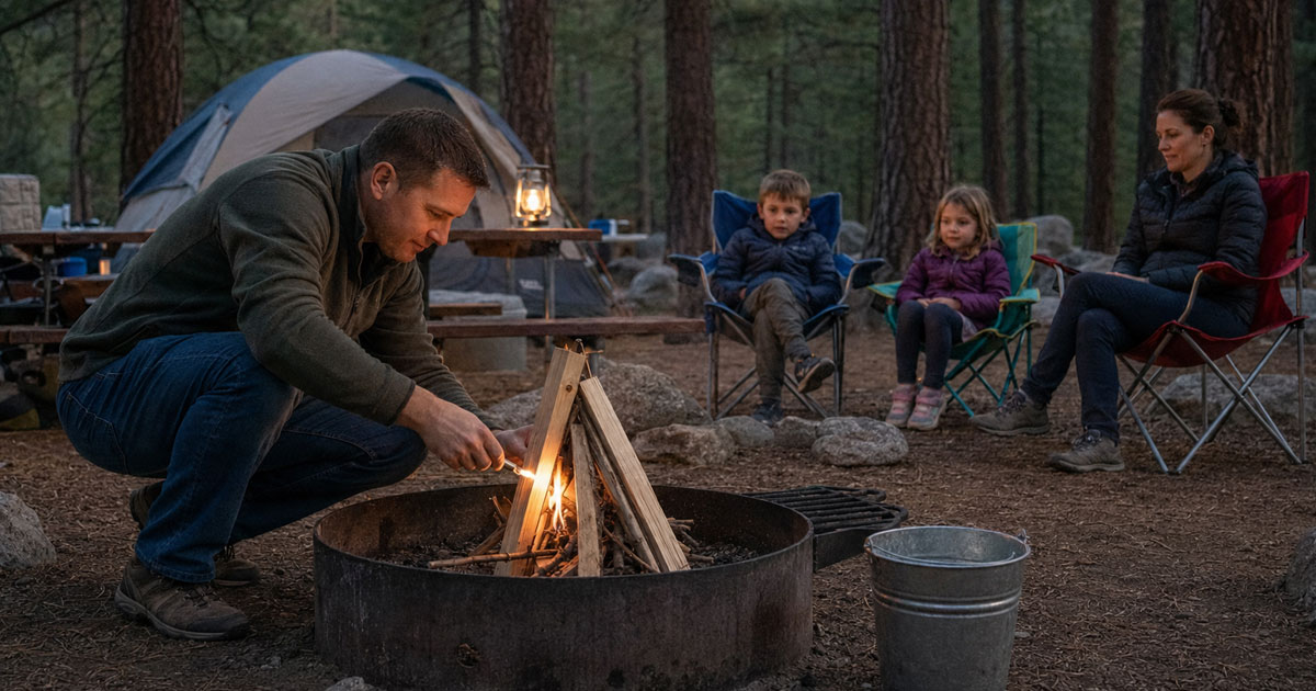 parent starting a campfire safely with kids watching