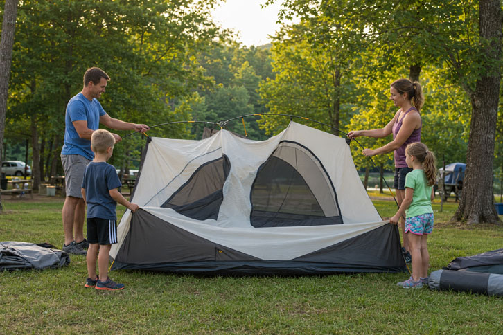 how to set up campsite - family pitching tent on level ground at campsite